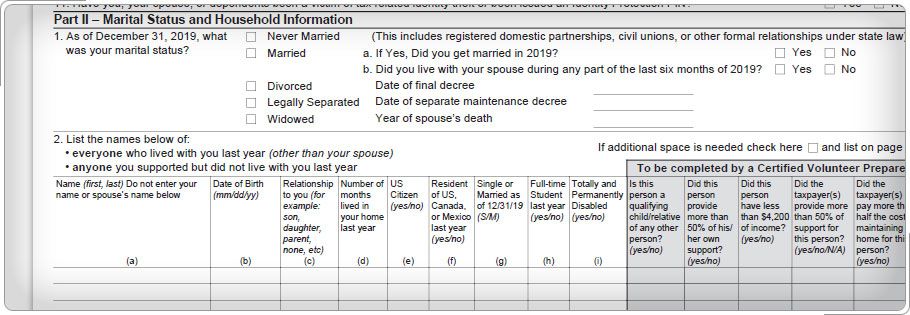 Intake and interview sheet showing Taxpayer marital status and household information.